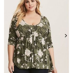 Olive Floral Print Button Front Babydoll Top